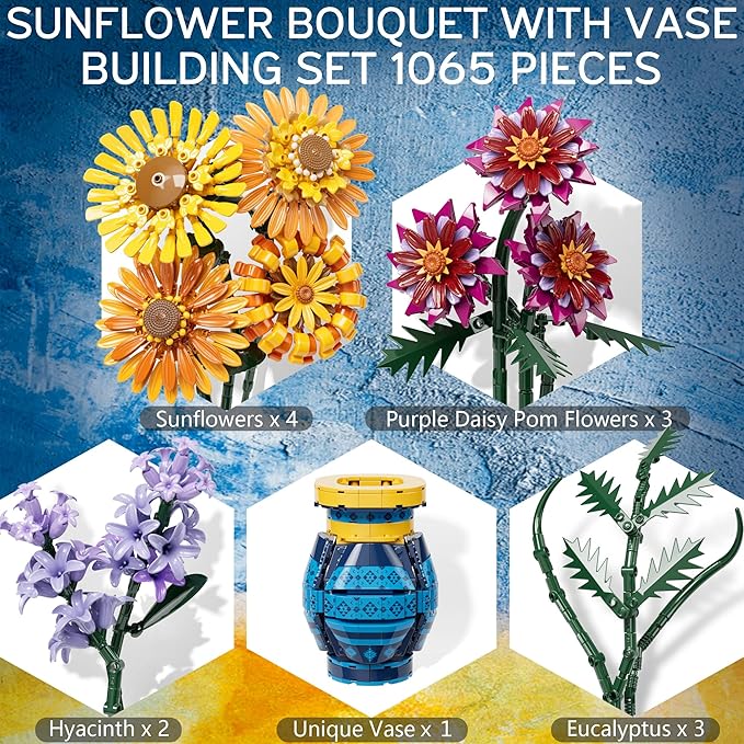 Sunflower Building Blocks with Vase Set for Adults, Christmas Artificial Flower Bouquet Botanical Collection Bricks Anniversary Birthday Gifts for Her Women Men Mom Wife Grandma Home Decor -1065 PCS