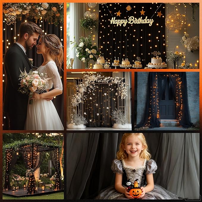 Tulle Curtain Backdrop with 300 LED Fairy Lights for Parites Wrinkle-Free Sheer Curtain Drapes Photo Back Drop for Wedding Baby Shower Bridal Shower Birthday Dance Home Décor- 10ft×10ft, Black