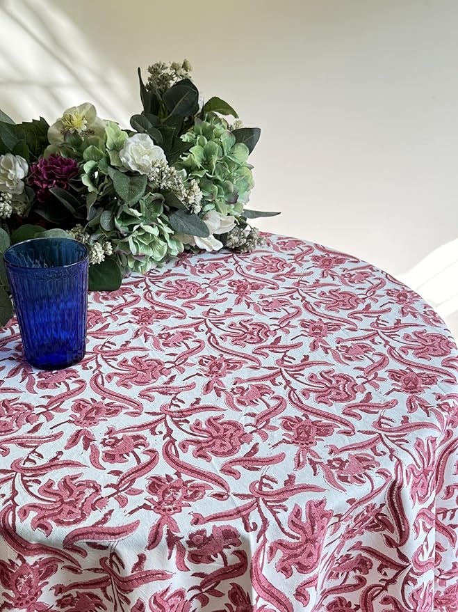 ATOSII Red Bloom 100% Cotton Round Boho Fall Tablecloth, Handblock Floral Table Cloth Linen for Kitchen Dining I Parties Wedding Outdoors Easter Thanksgiving I Fall Home Decor 60" Inches Round