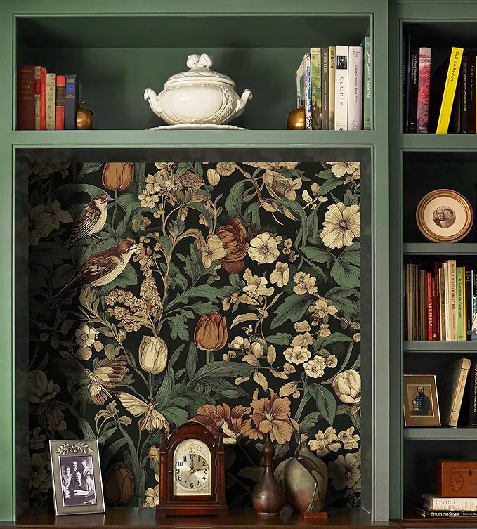 Erfoni 17.3" x118" Vintage Floral Peel and Stick Wallpaper Dark Floral and Bird Contact Paper DIY Self Adhesive Removable Wallpaper for Bedroom Cabinets Decor Retro Boho Flower Leaf Wall Paper