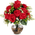 ENOVA FLORAL 18 Heads Silk Rose Artificial Flowers in Vase,Faux Rose Flowers Arrangement in Round Bowl Vase with Faux Water and River Rock for Table Decor Centerpieces (Red)