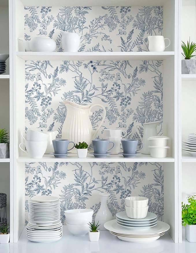 394"x17.3" Peel and Stick Wallpaper Blue and White Floral Wall Paper for Bedroom Blue Contact Paper for Cabinets Self-Adhesive Removable Wallpaper for Bathroom Kitchen Wall Decor