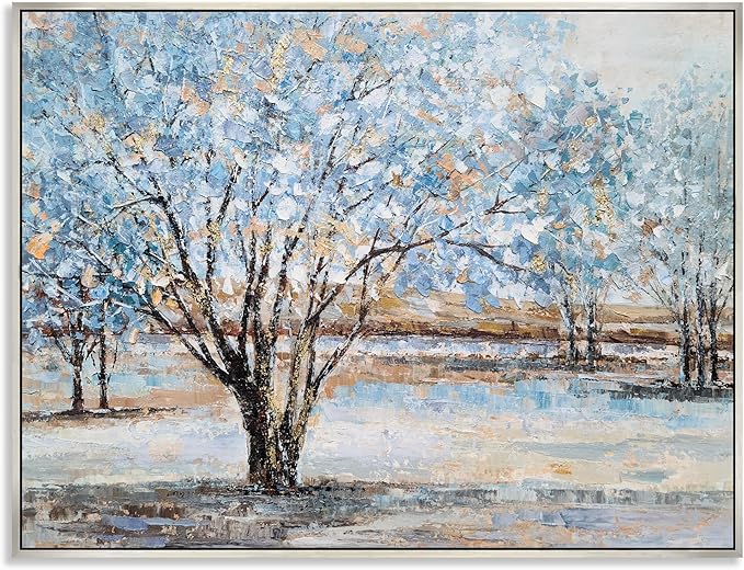 Yihui Arts Tree Canvas Wall Art - Hand Painted Textured Blue and Gold Foil Abstract Forest Landscape Modern Artwork for Living Room, Bedroom, and More