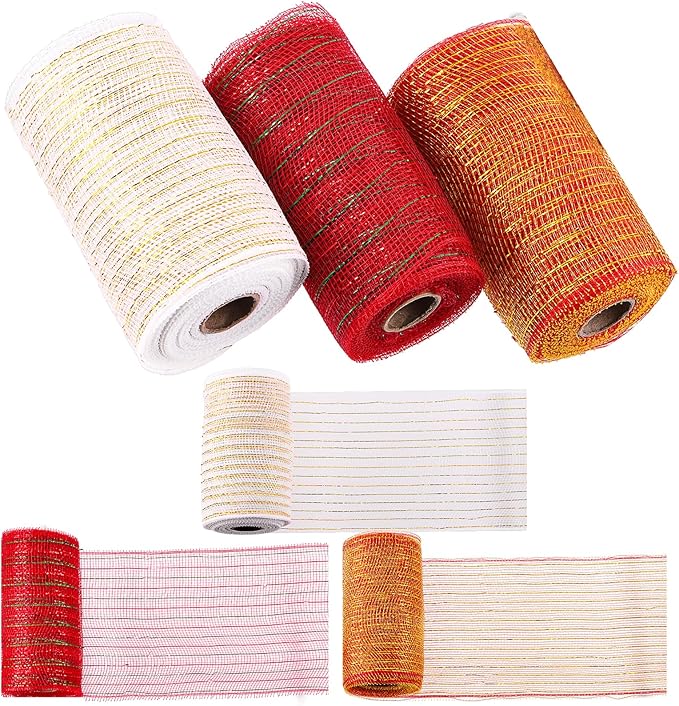 Swpeet 3 Rolls 6 Inches Mesh Ribbon Glitter Metallic Wrapping Ribbon Kit, Glitter Tulle Fabric Spool Ribbon Metallic Foil Mesh Ribbon for DIY Project Wreaths Party Decorations Wrapping Craft