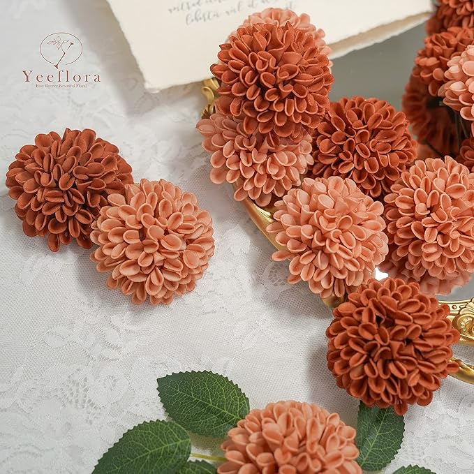 Artificial Flowers, 25pcs Rose for DIY Wedding Bouquets Centerpieces Arrangements, Terracotta Dahlia Flowers with Stem Bridal Shower Party Home Decorations