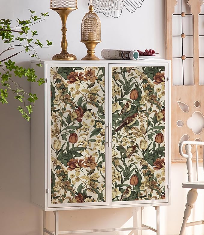 Erfoni 17.3" x118" Floral Birds Wallpaper Vintage Floral Peel and Stick Wallpaper Decoration DIY Self Adhesive Contact Paper Removable Wall Paper for Bedroom Cabinets Covering Boho Flower Leaf Beige