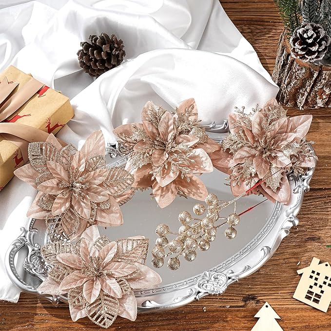 24 Pcs Champagne Boxed Christmas Poinsettia Flowers Set, 16 Pcs Artificial Poinsettias with Clips, 8 pcs Glitter Christmas Tree Ornaments Berry Stems for Wedding Home Holiday Xmas New Year Decorations