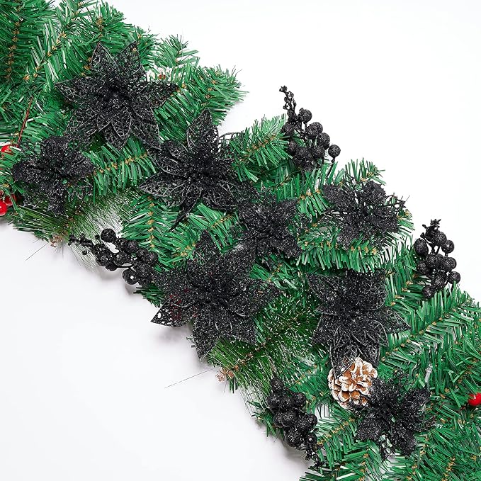 Zhuqing 22Pcs Christmas Poinsettia Artificial Flowers and Glitter Berries Stems Kit, 16Pcs Christmas Tree Flowers Ornaments and 6 Pack Christmas Tree Picks for Wedding Holiday Decorations (Black)