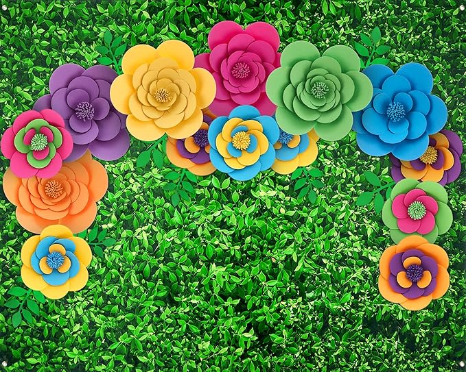 Frienda 36 Pcs DIY Paper Flower Decor Set with 83x59 Inch Custom Background Cloth and Rope, Artificial 3D Flower Wall Decor for Wall Bulletin Board Wedding Halloween Mexican Festive Party(Grass)