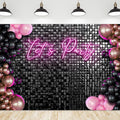 Riyidecor Let's Party Backdrop Modern Disco 80s Black Neon Pink Plaid Checkered Balloons Fashion Shinning Groovy 7Wx5H Feet Girls Photography Background Birthday Photo Studio Shoot Polyester Fabric