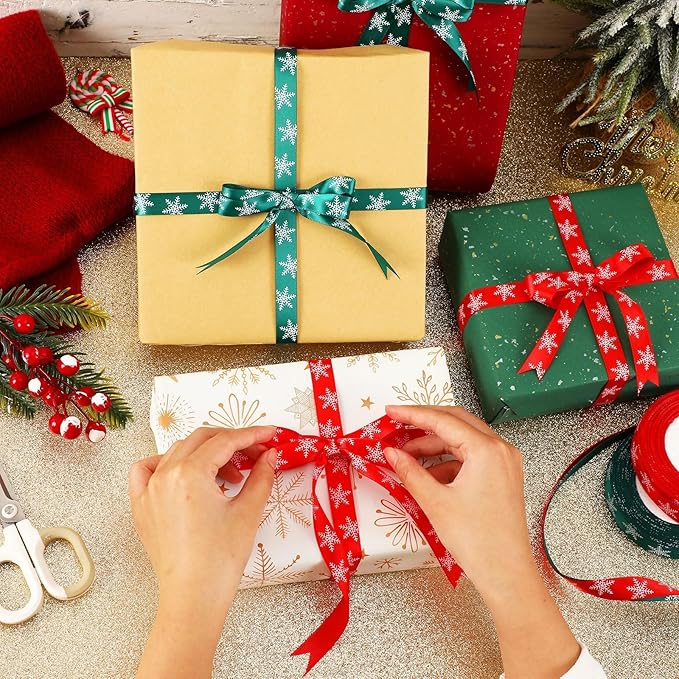 DECYOOL Christmas Ribbons, 4 Rolls 100 Yards Christmas Snowflake Ribbons for Gift Wrapping, 10mm and 15mm Wide Red and Green Satin Ribbon for Crafts, Fabric Christmas Wrapping Ribbon for Holiday