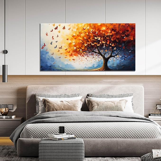 ANCXWOTER Butterfly Tree Canvas Wall Art for Living Room Bedroom Home Office Orange and Blue Colorful Butterfly Picture Tree of Life Wall Art Large Modern Canvas Prints 29x59 In