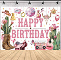 SVBright Western Cowgirl Happy Birthday Backdrop 7Wx5H Wild West Retro Brown Pink Cactus Floral Boots Hat Disco Rustic Butterfly Country Decorations Photography Background Banner Photo Booth Studio