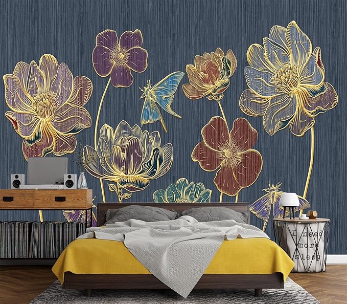 Eierme-Gold Embossed Plants and Flowers Mural Wallpaper Peel and Stick 160" x 114"