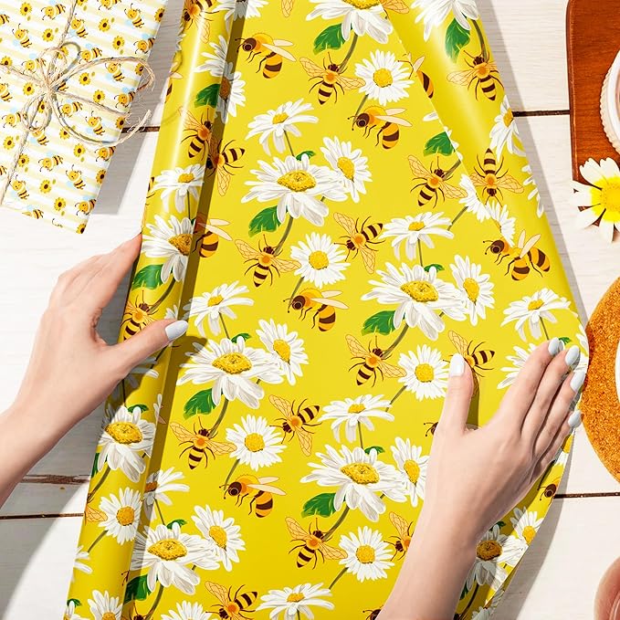 Jajajuegos 12 Sheets Bee Wrapping Paper Set - Yellow Black Bee Honeycomb Pattern - Gift Wrapping Paper for Winter Baby Shower, Birthday Party Decorations - 4 Designs, 20'' x 27''