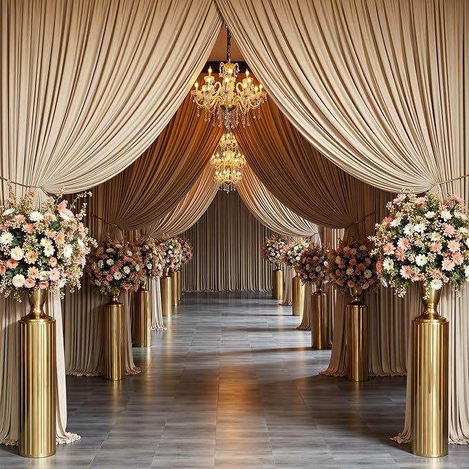 PartyVillage 10ft×15ft Beige Backdrop Curtain for Wedding Parties, 2 Panels Wrinkle Free 15 FT Long Polyester Photo Backdrop Drapes Back Drop Cloth for Birthday Photography Background