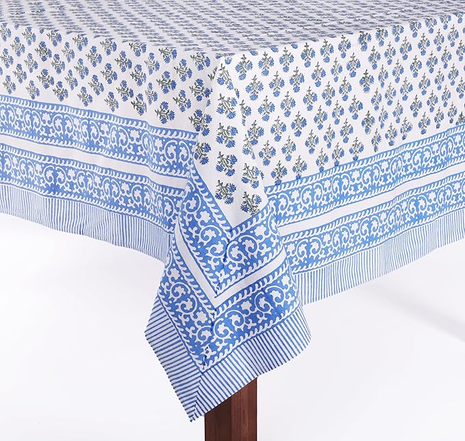 ATOSII Gulbahar Blue 100% Cotton Fall Rectangle Tablecloth, Handblock Print Floral Table Cloth for Kitchen Dining Linen I Thanksgiving Christmas Weddings Outdoors I 72 X 140 Inches I 12 Seater