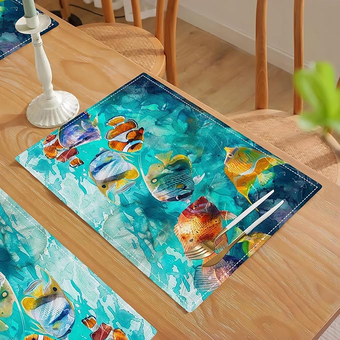 Fishing Placemats Set of 4 Colorful Fish Place Mats Heat Resistant for Dining Table Ocean Animals Fishes Waterproof Washable Table Mats Kitchen Dining Decoration 4 PCS