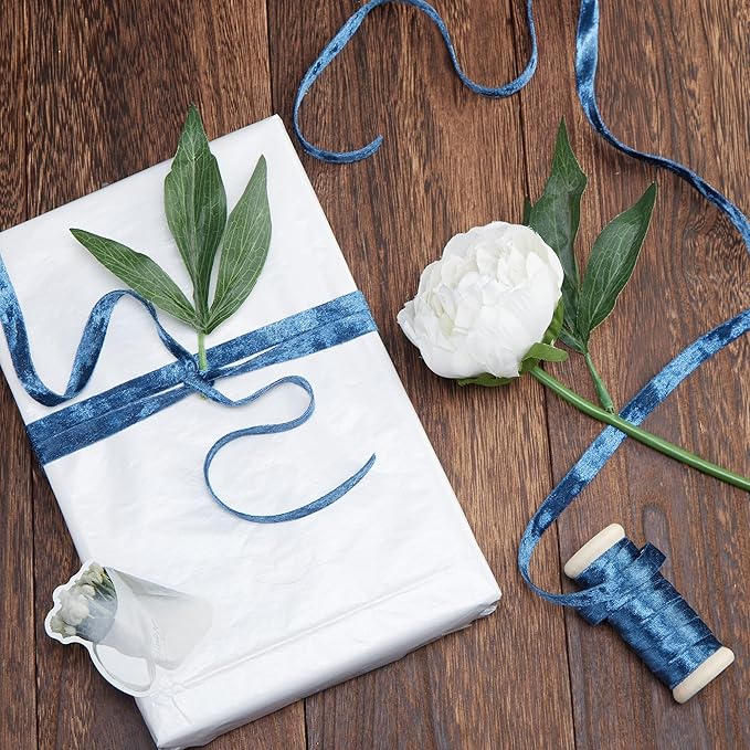 Velvet Blue Ribbon Double-Sided Handmade Glossy Fabric Trim Wooden Spool Thin Ribbons for Christmas Tree Gift Wrapping Crafts Wedding Flower Bouquet 3/8 inch x 5YD 3 Rolls