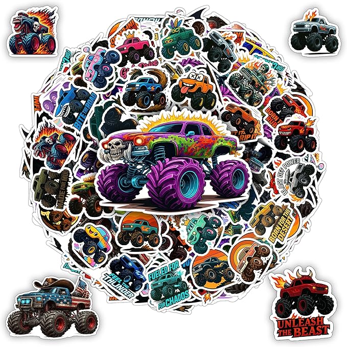 100 PCS Monster Truck Stickers Pack, Car Colorful Vinyl Waterproof Off Road Trucks Decals for Unisex Teens Adults Men Women, Gift for Laptop Water Bottle Helmet Scrapbook Wall Decorative