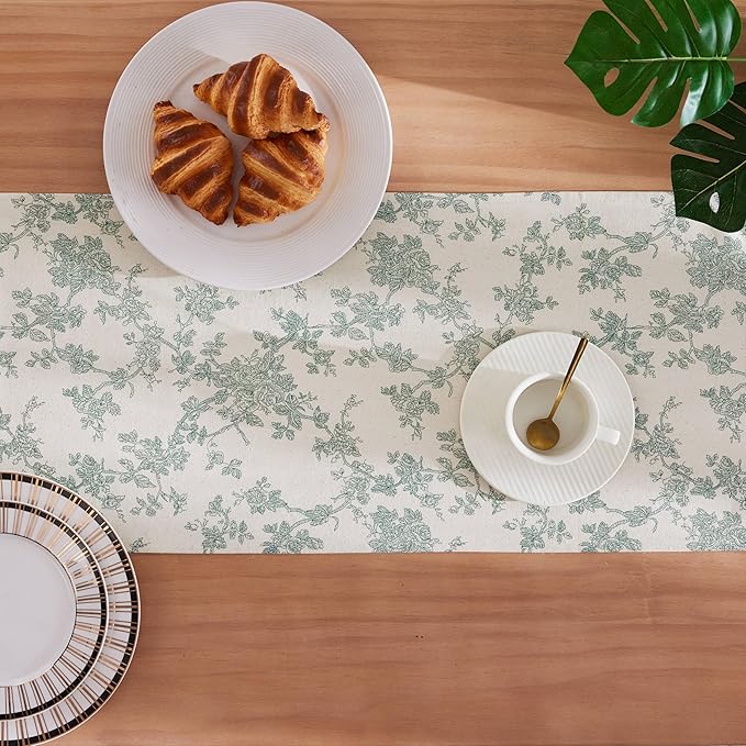 100% Cotton French Pastoral Table Runners, 13x36 Inch Vintage Green Farmhouse Table Runners 36 Inches Long, Vintage Flowers Print Home Decors