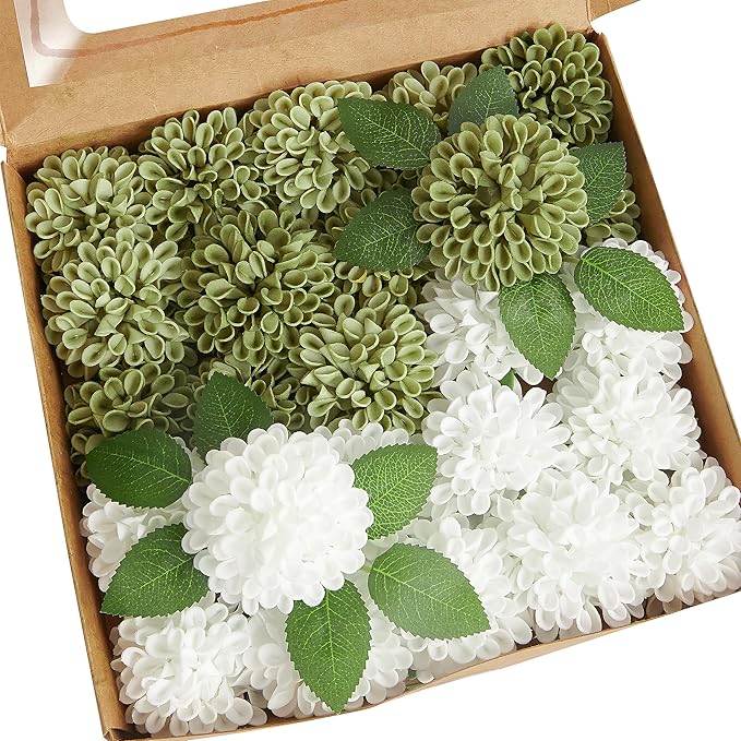 Artificial Flowers, 25pcs Artificial Rose for DIY Wedding Bouquets Centerpieces Arrangements, Elf Green and White Dahlia Flowers with Stem for Bridal Shower Party Home Decorations