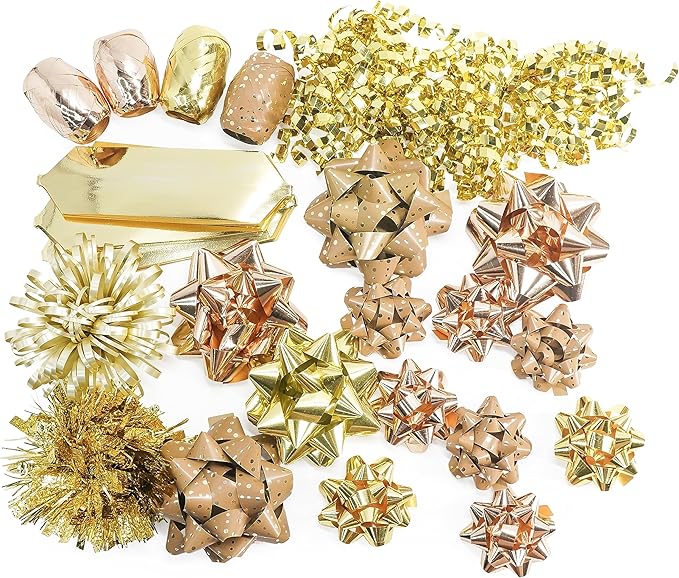 CT CRAFT LLC Gift Bows 22 PCS Set Multi Colored Assorted - Bow x 18 pcs + Kegg Roll x 4 pcs - Gold/Bronze Gold, Holiday Christmas Birthday Party Wrapping