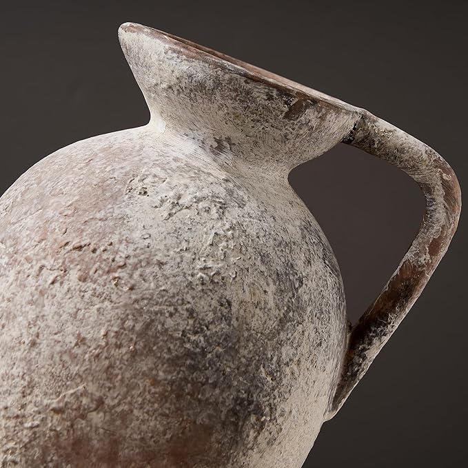 9.3 Inch Antique Ceramic Vase, Terracotta Vase with Handle, Tuscan Decor Farmhouse Decorative Vase, Rustic Vase for Home Decor, Living Room, Entryway, Wedding - Distressed Design, Gray