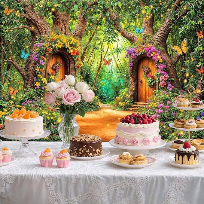 10X8ft Enchanted Forest Backdrop Fairy Tale Green Garden Wonderland Tree House Floral Butterfly Background for Kids Girl Baby Shower Birthday Party Decoration Banner Cake Table Photo Booth Props