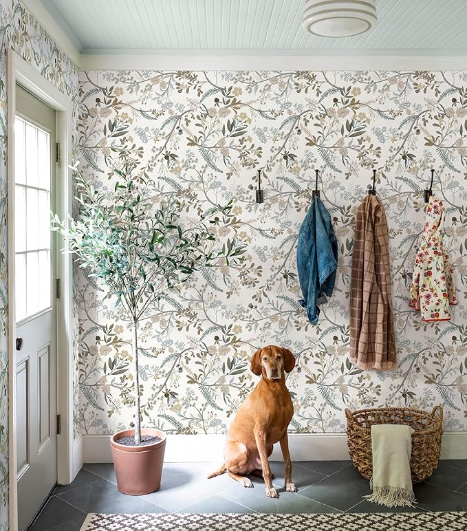 Guvana 16.14"x394" Floral Peel and Stick Wallpaper Leaves Contact Paper Floral and Leaf Wallpaper Colorful Flowers Self Adhesive Wall Paper for Home Wall Decor（Off-White Background）
