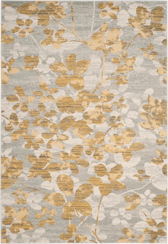 SAFAVIEH Evoke Collection 4' x 6' Grey / Gold EVK236P Floral Non-Shedding Living Room Bedroom Accent Rug