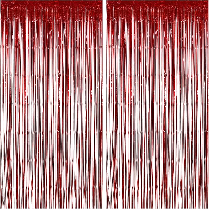 Red Tinsel Curtain Party Streamer, Foil Curtain Backdrop Photo Booth Props for Birthdays Bridal Shower Valentines New Years Party Decorations - 2 Pack 3.2×8.2ft