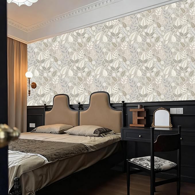 Gray Leaf Peel and Stick Wallpaper Grey White Floral Contact Paper Easy Peel Off Self-Adhesive Removable Stick on Wall Paper for Kitchen Cabinet Drawer 17.71" X 118.1"