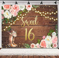 SVBright Sweet 16 Happy Birthday Backdrop 8Wx6H Cowgirl Western Rustic Country Wooden Plank Watercolor Pink Flower Floral Boots Farmhouse Decorations Photography Background Banner Photo Booth Studio