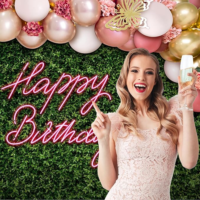 Riyidecor Green Leaves Happy Birthday Backdrop Polyester Fabric Neon Pink Balloon Flower Floral Butterfly Botanical Plant Bday 8Wx6H Feet Women Girls Photography Background Birthday Photo Studio Shoot
