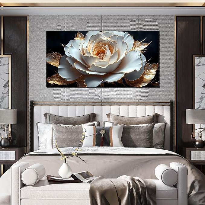Large White Flower Canvas Wall Art for Living Room Bedroom Home Office Black and White Flower Picture Modern Canvas Prints Framed Wall Decor Artwork Size 24x48