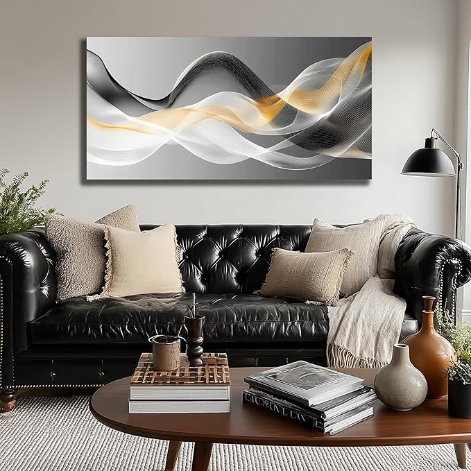 JuhaiArt Abstract Wall Decor Art Gold Canvas Modern Black Picture White Art for Bedroom Office Decoration 24" x 48"