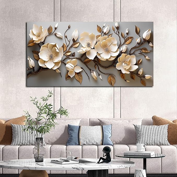 Flower Pictures Wall Art for Bedroom Modern Art Wall Decor for Bedroom White and Gold Canvas Print Wall Art Large Size 29 x 58 Inch