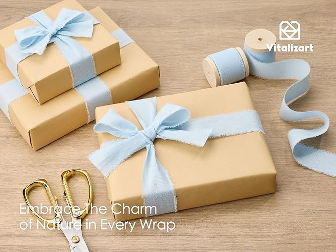 Vitalizart Baby Blue Ribbon 1-1/2" x 15 Yd 100% Cotton Handmade Frayed Fringe Fabric Ribbons for Gift Wrapping Wedding Invites Bridal Shower Bouquets Christmas Decorations