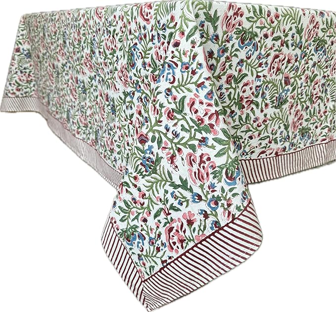 ATOSII Ambrosia 100% Cotton Rectangle Boho Spring Summer Tablecloth, Handblock Floral Table Cloth Linen for Kitchen Dining I Parties Wedding Outdoors Easter I 72 X 120 Inches I 10 Seater