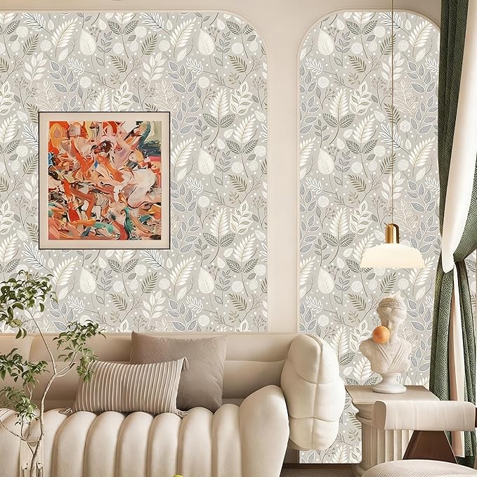 Gray Leaf Peel and Stick Wallpaper Grey White Floral Contact Paper Easy Peel Off Self-Adhesive Removable Stick on Wall Paper for Kitchen Cabinet Drawer 17.71" X 236.2"