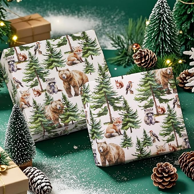 WRAPAHOLIC Kraft Christmas Wrapping Paper - Mini Roll - 17 Inch x 33 Feet - White Wild Animal Winterfall Watercolor and Christmas Tree Wrapping Paper Perfect for Holiday, Party