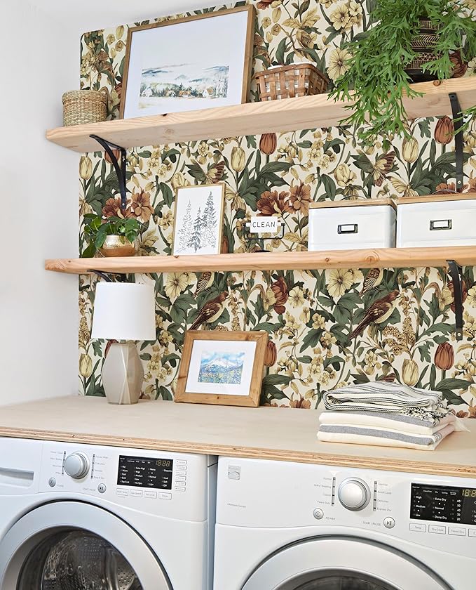 Erfoni 17.3" x197" Beige Retro Floral and Bird Contact Paper Vintage Peel and Stick Wallpaper for Bedroom DIY Self Adhesive Wall Paper Boho Floral Leaf Removable Wallpaper for Accent Wall Covering