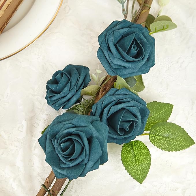Artificial Flowers, 50pcs Artificial Rose for DIY Wedding Bouquets Centerpieces Arrangements, Dark Teal Fake Rose with Stems for Birthday Bridal Shower Graduation Events Decoration