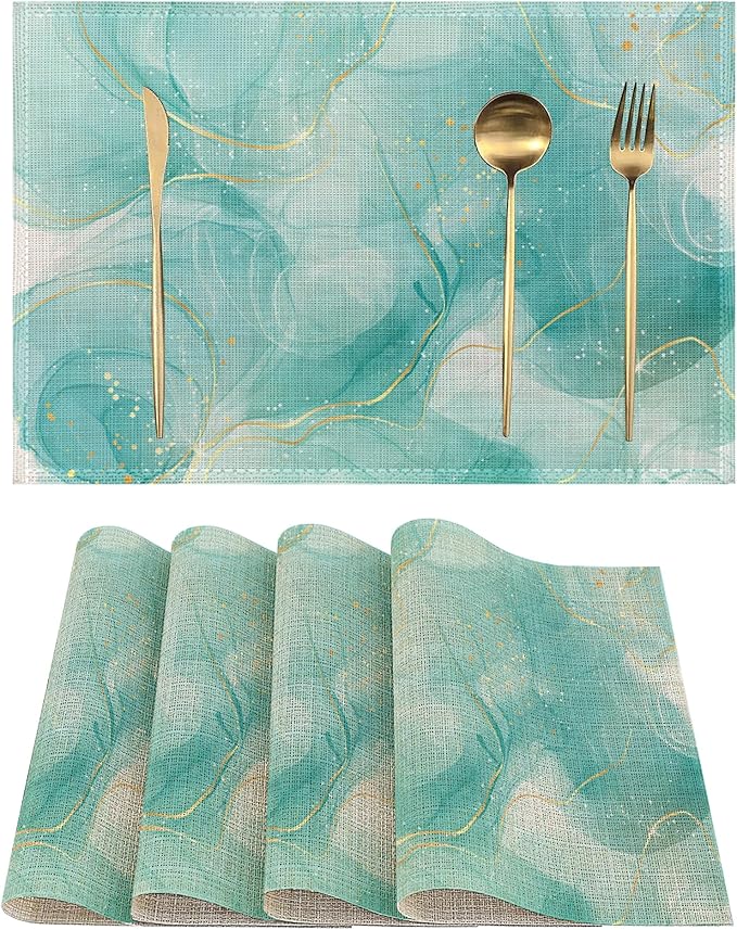 Placemats-Pastel Cyan Flowing Gold Marble Linen Table Place Mats Set of 4 Non-Slip Heat Resistant Table Mats for Dining Kitchen Cabin Decor 12x18 Inch