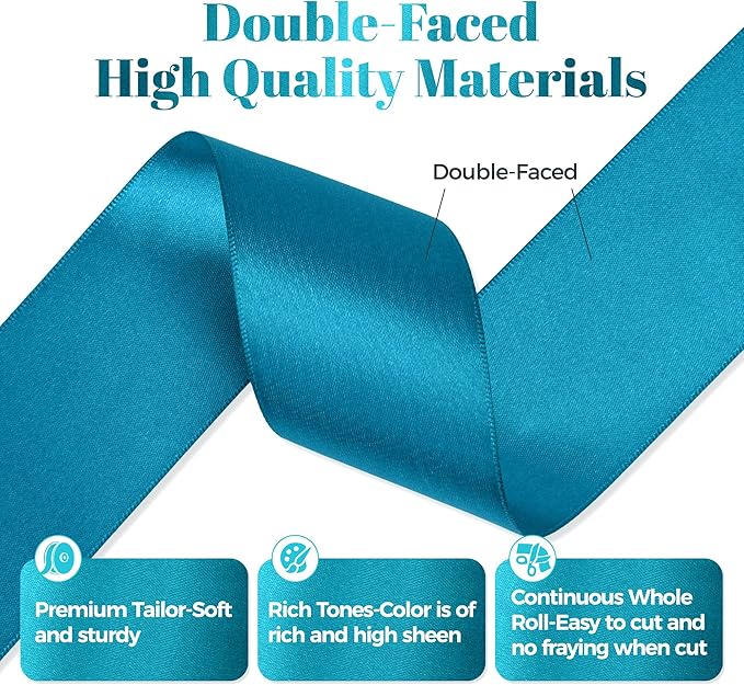Turquoise Blue Satin Ribbon, Double Faced 2 Inch X 25 Yards Turquoise Ribbon, Premium Satin Ribbon for Gift Wrapping, Crafts, Hair Bow Making, Sewing, Flower Bouquet, Wedding Party Decor