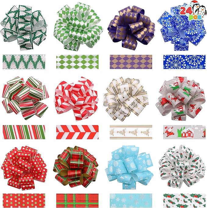 JOYIN 24 Present Wrap Ribbon Pull Bows 5", Easy and Fast Gift Wrapping Accessory for Christmas Bows Baskets Wine Bottles Gifts Decoration, Present Decor