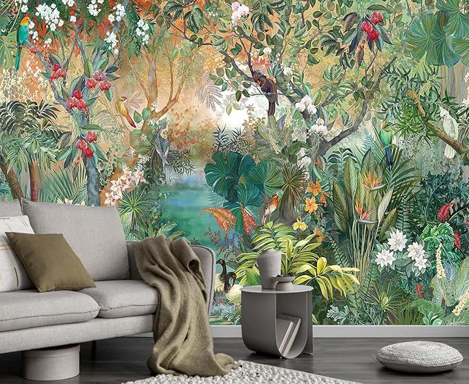 Tropical Plant Forest Wallpaper Mural Animals and Flowers Jungle Landscape Wall Mural for Bedroom Living Room Bathroom
