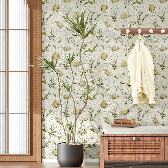 Boho Wallpaper Peel and Stick Daisy Floral Wallpaper 17.5in x32.8ft Vintage Leaf Contact Paper Vinyl Self Adhesive Removable Modern Floral Wall Paper for Bedroom Walls Cabinet Drawer