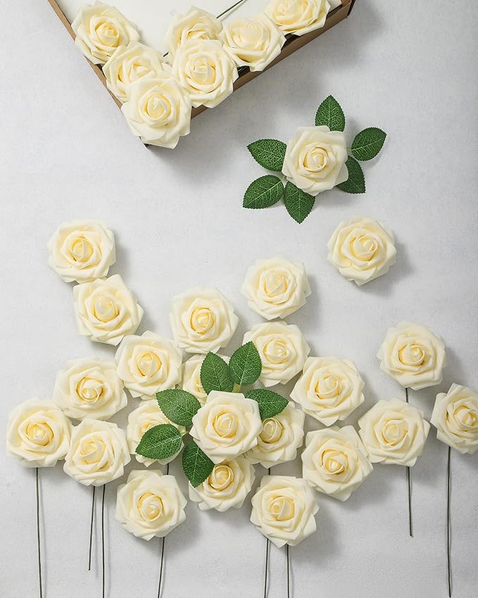 DuHouse 25Pcs Artificial Roses Flowers Fake Rose with Stems Real Touch Foam Flowers for DIY Wedding Bouquet Baby Shower Centerpiece Floral Arrangement Party Home Decor(Light Champagne)